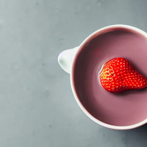 Prompt: a strawberry shaped mug floating in water