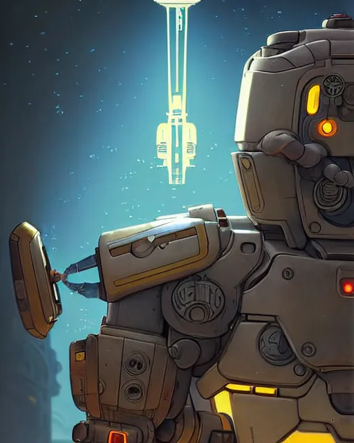 Prompt: bastion the friendly robot from overwatch, character portrait, portrait, close up, concept art, intricate details, highly detailed, vintage sci - fi poster, retro future, in the style of chris foss, rodger dean, moebius, michael whelan, and gustave dore