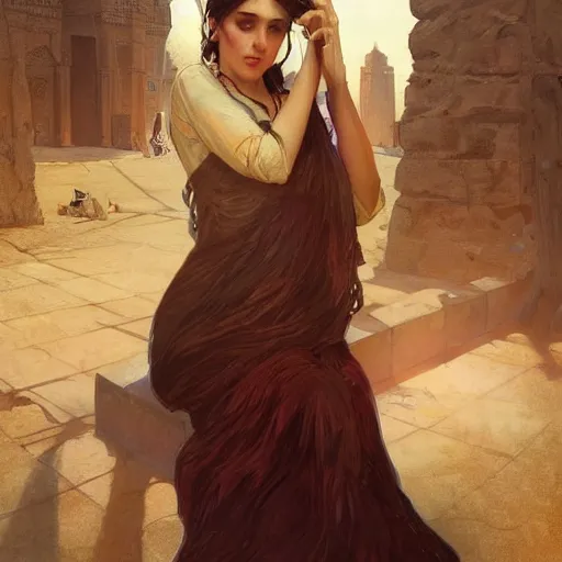 Image similar to A seductive twenty year old Mesopotamian witch in training, in a major Mesopotamian city, highly detailed, digital painting, artstation, concept art, sharp focus, illustration, cinematic lighting, art by artgerm and greg rutkowski and alphonse mucha