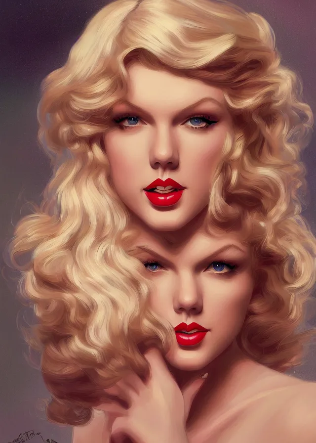 Image similar to portrait of taylor swift as a young marilyn monroe, elegant, flat lighting, intricate, highly detailed, digital painting, artstation, concept art, smooth, sharp focus, illustration, closeup, misa amane, art by simon bisley and greg rutkowski and alphonse mucha, novel cover