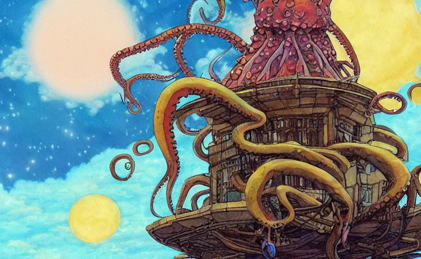 Image similar to a realistic cell - shaded studio ghibli concept art from paprika ( 2 0 0 6 ) of a flying multi - colored octopus from close encounters of the third kind ( 1 9 7 7 ) and dimensional portal to another world above a flooded pyramid complex on a misty starry night. very dull colors, wide shot, hd, 4 k, hq