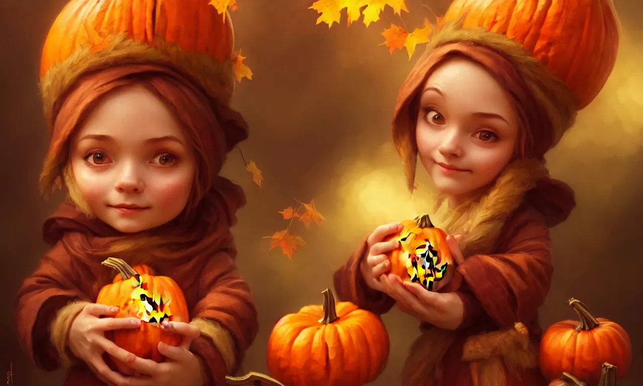 Image similar to hand drawn cute one gnomes face in autumn disguise holding pumpkin, detailed closeup face, concept art, low angle, high detail, warm lighting, volumetric, godrays, vivid, beautiful, trending on artstation, art by artgerm and greg rutkowski and alphonse mucha