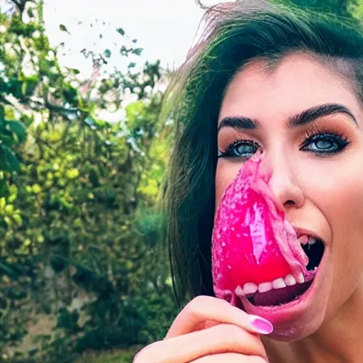Prompt: instagram model putting huge pink pickle with veins in her mouth