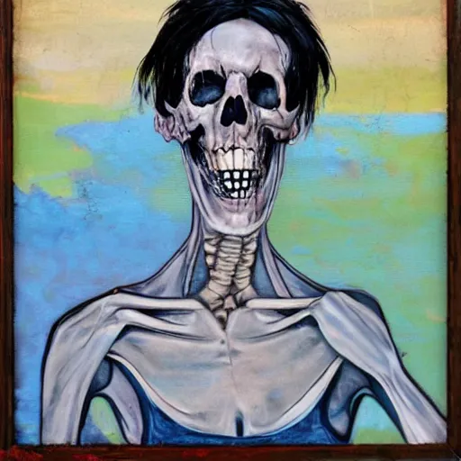 Prompt: death-camp-survivor-super-skinny-emaciated-horribly-skinny-Laughing-Cheerfully painting by Thomas-Montacellinio