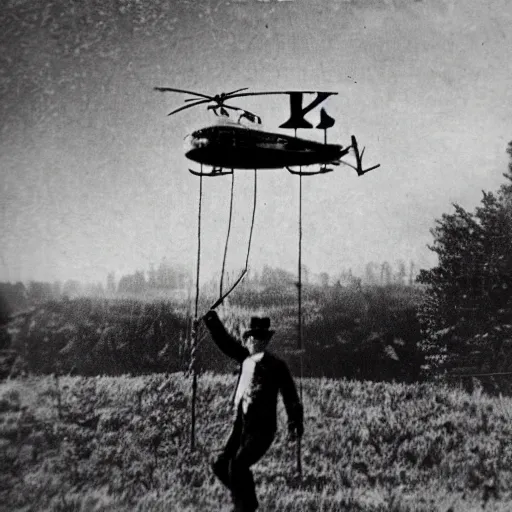 Prompt: vintage photograph of freddy fazbear being dangled by a helicopter