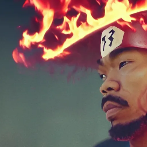 Prompt: cinematic film still of Chance The Rapper starring as a Samurai holding fire, close up, Japanese CGI, VFX, 2022, 40mm lens, shallow depth of field, film photography