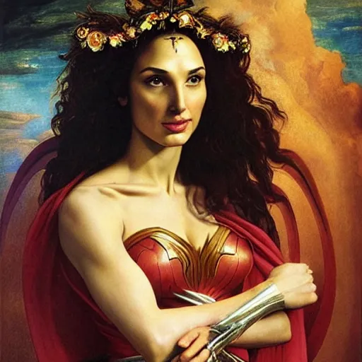 Prompt: Full body oil painting of the beautiful goddess Gal Gadot as Persephone, she is wearing roman clothes and a surreal jewelry, her hair is natural disheveled, she is approaching heaven over the clouds, naturalism, dramatic lighting, high-detailed oil painting by Ilya Repin, Michelangelo da Caravaggio, William Blake, Alex Grey and Beksinski, trending on Artsation, hystorical painting, naturalism, masterpiece, 4k, 8k,