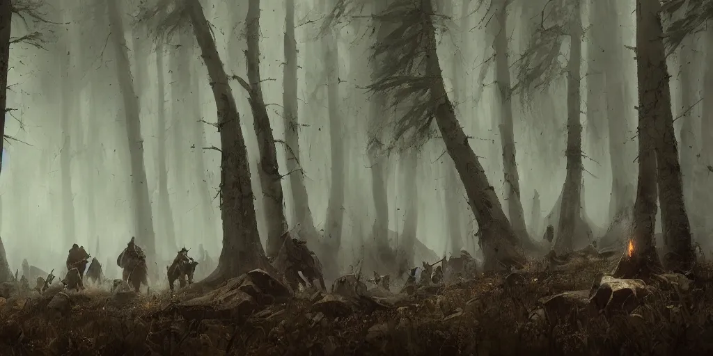 Image similar to a painting of a group of medieval villagers with rifles being attacked by 3 big wolves in a foggy dense forest by greg rutkowski, dark fantasy art, high detail, trending on artstation