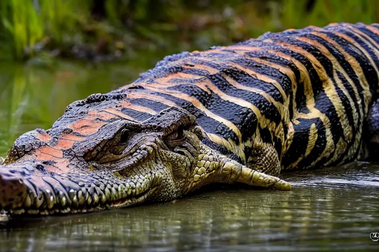 Image similar to an alligator tiger!!! hybrid! hyper realistic!! realistic lighting!! wildlife photographer of the year!!! bold natural colors, national geographic, hd, wide angle, 8 k