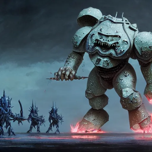 Image similar to opal by jakub rozalski, armoured chaos golem still frame from warhammer movie, legendary magical crystal construct by wayne barlowe, crystal golem fighting vast army by jakub rozalski, opal lightning elemental by benicio del toro