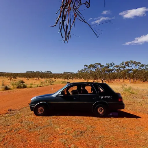 Image similar to driving a car in the australian bush outback psychedelic