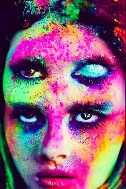 Image similar to An instax film still of a girl covered in holi powder featured in Vogue and GQ editorial fashion photography, beautiful eye, symmetry face, haute couture dressed by Givenchy and Salvatore Ferragamo