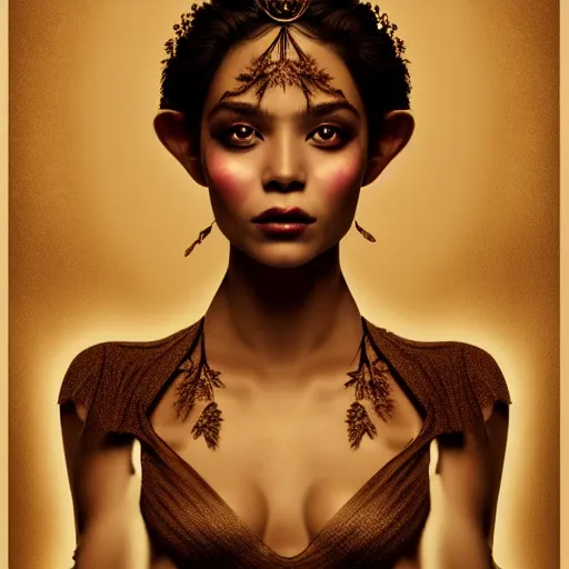 Prompt: vintage portrait of fairy goddess, zoom, rule of thirds, atmosphere, intricate, regal, latinas, ( brown skin ), symmetrical!!, loreal, maybelline, sephora, loreal, artstation, art by lee man fong, moody, ( ( cinematic ) ) concept art, filmic, vsco