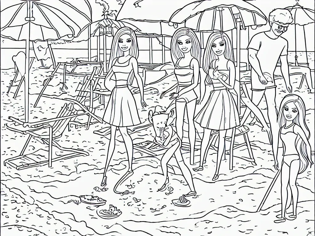 Prompt: coloring book page of Barbie and Skipper playing at the beach