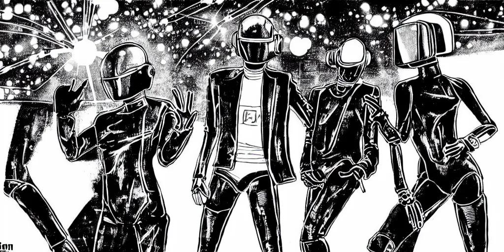 Prompt: detailed black ink manga artwork of 2 Daft Punk robot rock using Apple notebook Macbook at an underground warehouse rave in Ibiza, playing techno house music, thousands of beautiful girls in bikini dancing, in the style of manga illustration, wires, speakers, black and white ink