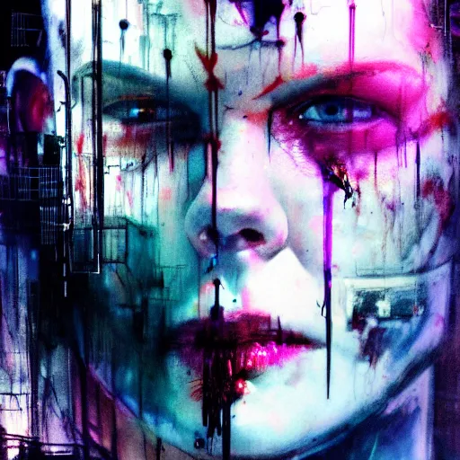 Image similar to a dark cyberpunk dream of wires broken skulls skin cybernetic machines and decay moody hyperrealism 8 k photo atmospheric by jeremy mann, francis bacon and agnes cecile, ink drips paint smears digital glitches glitchart