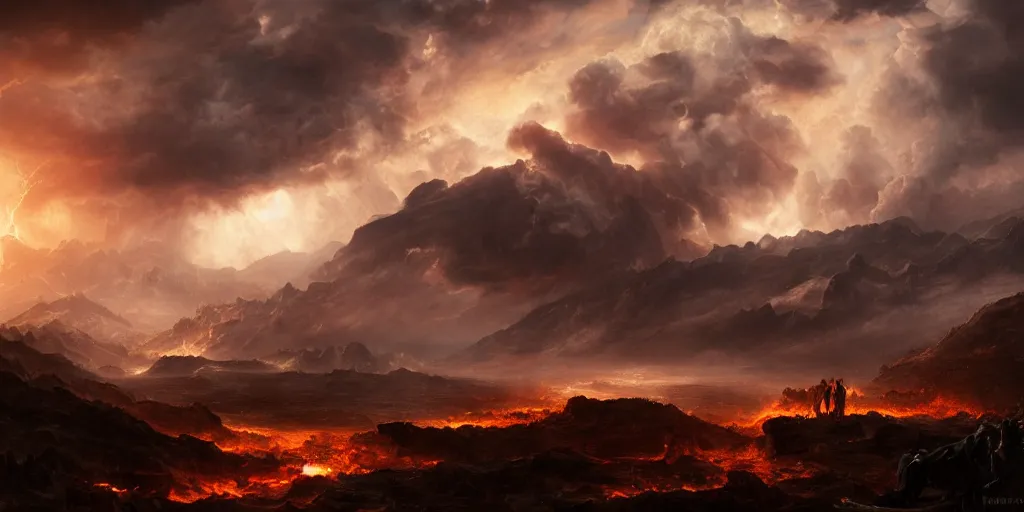 Image similar to fifth circle of hell, dante's inferno, landscape, cinematic, dramatic, very detailed, far horizon, by eugene delacroix, artstation, jessica rossier, octane render, vivid, stormy sky