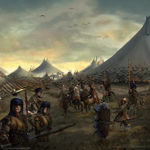 Prompt: Medieval Mongolian army camp at dawn before battle As featured on Artstation By Randy Vargas