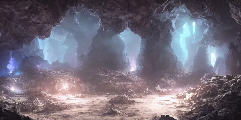 Image similar to fantasy matte painting of a cave with huge glowing crystals in the walls and piles of bones on the floor, fantasy, sharp focus, artstation