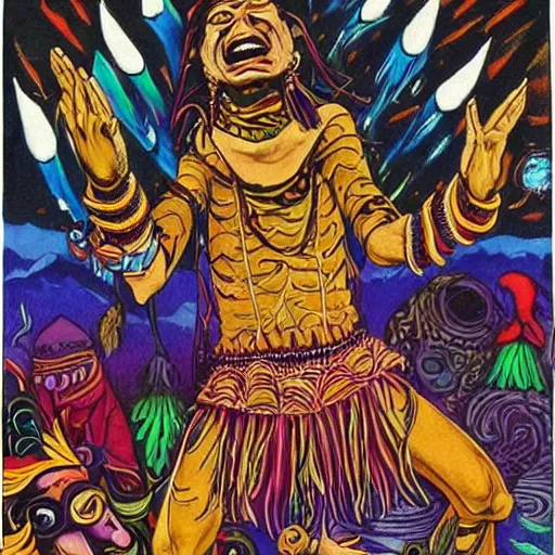 Image similar to surrealist illustration of a shaman having a blast at a shamanistic rave, having fun with the spirits of nature, just having a good time transcending time and space, psychedelic, come on, let's dance
