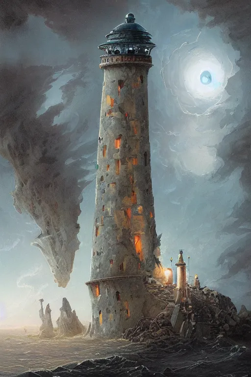 Prompt: Detailed Exterior Shot of Desecrated Foul Lighthouse of Alexandria, light of sorrow, moonlight shafts, swarm of bats, sickly atmosphere, in Style of Peter Mohrbacher, cinematic lighting