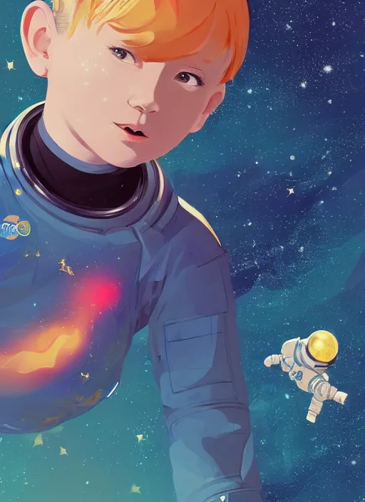 Image similar to little boy with short blonde hair. he is floating in space. he is wearing a space suit. background is a nebula. clean cel shaded vector art. shutterstock. behance hd by lois van baarle, artgerm, helen huang, by makoto shinkai and ilya kuvshinov, rossdraws, illustration, art by ilya kuvshinov