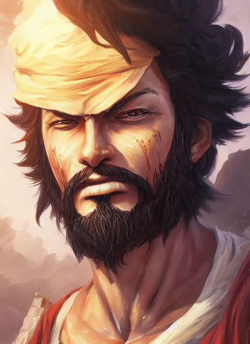 Image similar to luffy as _ fantasy _ style _ portrait _ painting _ of middle eastern male brown wavy hair beard, rpg dnd oil _ painting _ unreal _ 5 _ daz. _ rpg _ portrait _ extremely _ detailed _ artgerm _ greg _ rutkowski _ greg