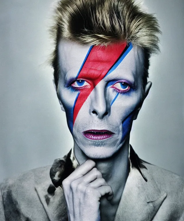 Image similar to a color photograph of david bowie, by thomas ruff, platinum blond, intense, bold, exaggerated, overblown, ultra sharp, extra details, ultra high quality, trending on pinteresst