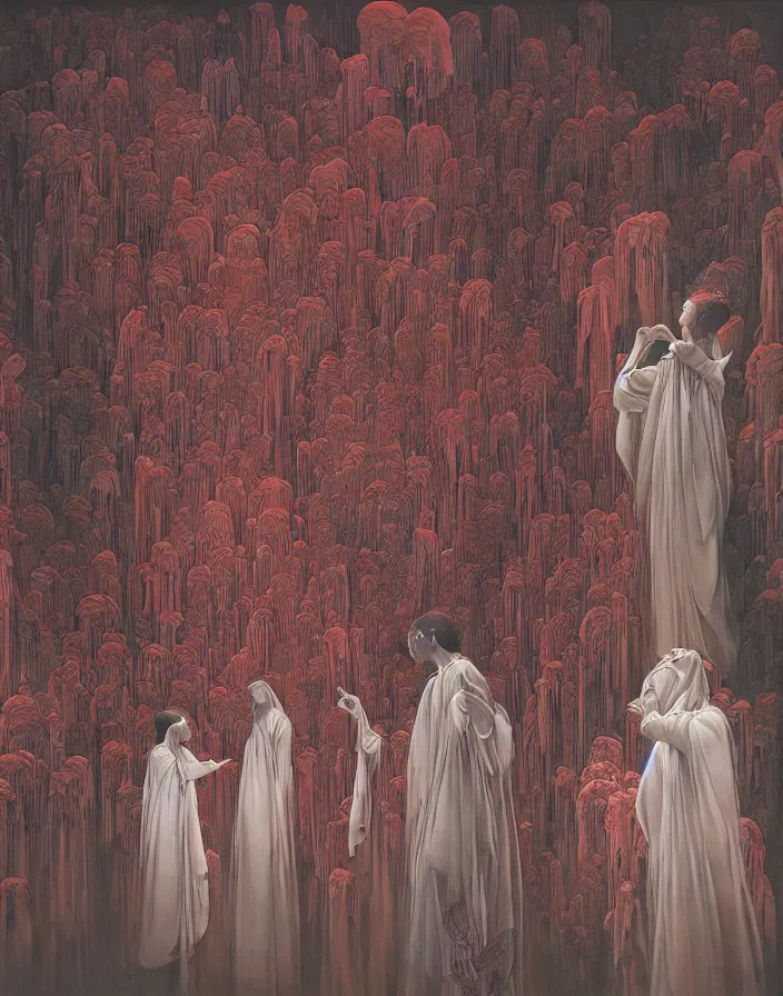 Prompt: worshippers in robes belonging to the cult of the crystal light gather inside a sma room around the big glowing crystal, big glowing crystal radiating white light, interior, high detailed beksinski painting, part by adrian ghenie and gerhard richter. art by takato yamamoto. masterpiece, deep colours