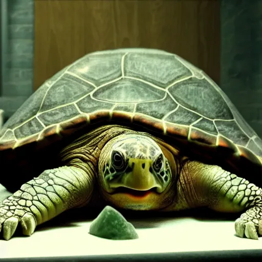 Image similar to foto of turtle in op room, frankenstein reanimating turtle, 4 k