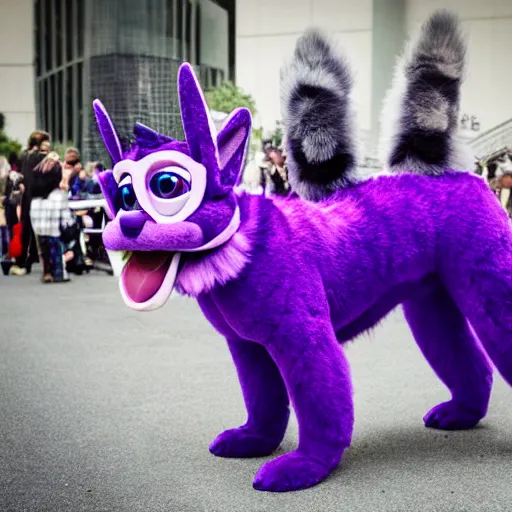 Prompt: A bust photograph taken at a furry convention of a purple dog fursuit with alien antennas