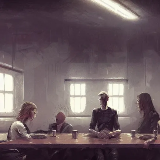 Image similar to concept art by greg rutkowski, a very tall, and slender man with short black hair, sitting with the crew in the ship's dining room, brutalist futuristic interior, dark lighting atmosphere, detailed portraits, nostalgic atmosphere, scifi, digital painting, artstation, concept art, smooth, sharp foccus ilustration, artstation hq