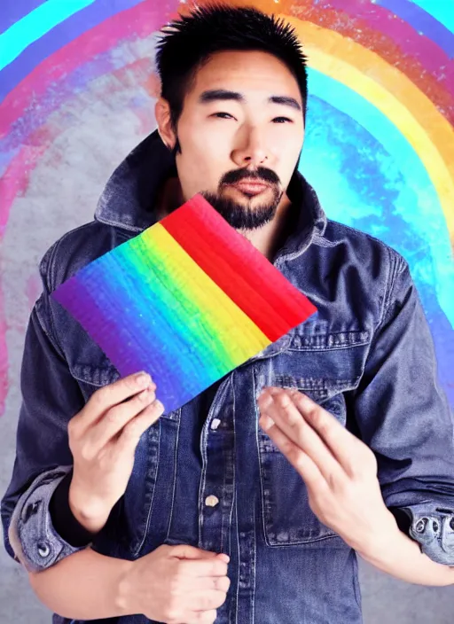 Prompt: japanese man with short hair and a beard wearing denim and leather clothes dancing next to a rainbow, full body portrait, dynamic lighting