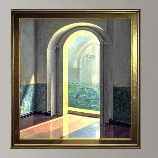 Prompt: still life painting of a room with a balcony and a marbled pedestal displaying an ancient holy artifact, centered in frame and shaped like signet ring, chromed and ornate with gentle iridescent shine from within. perspective from the side. realistic light and shadows. moody fantasy art, still life renaissance pastel painting. by monet