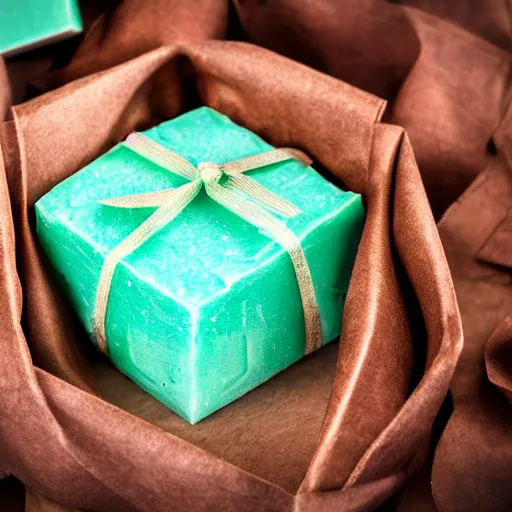 Image similar to beautiful and bright advertising, photography of a package of handmade, mint chocolate scented soap, wrapped in dark brown ribbons, studio quality, hdr 8 k photograph