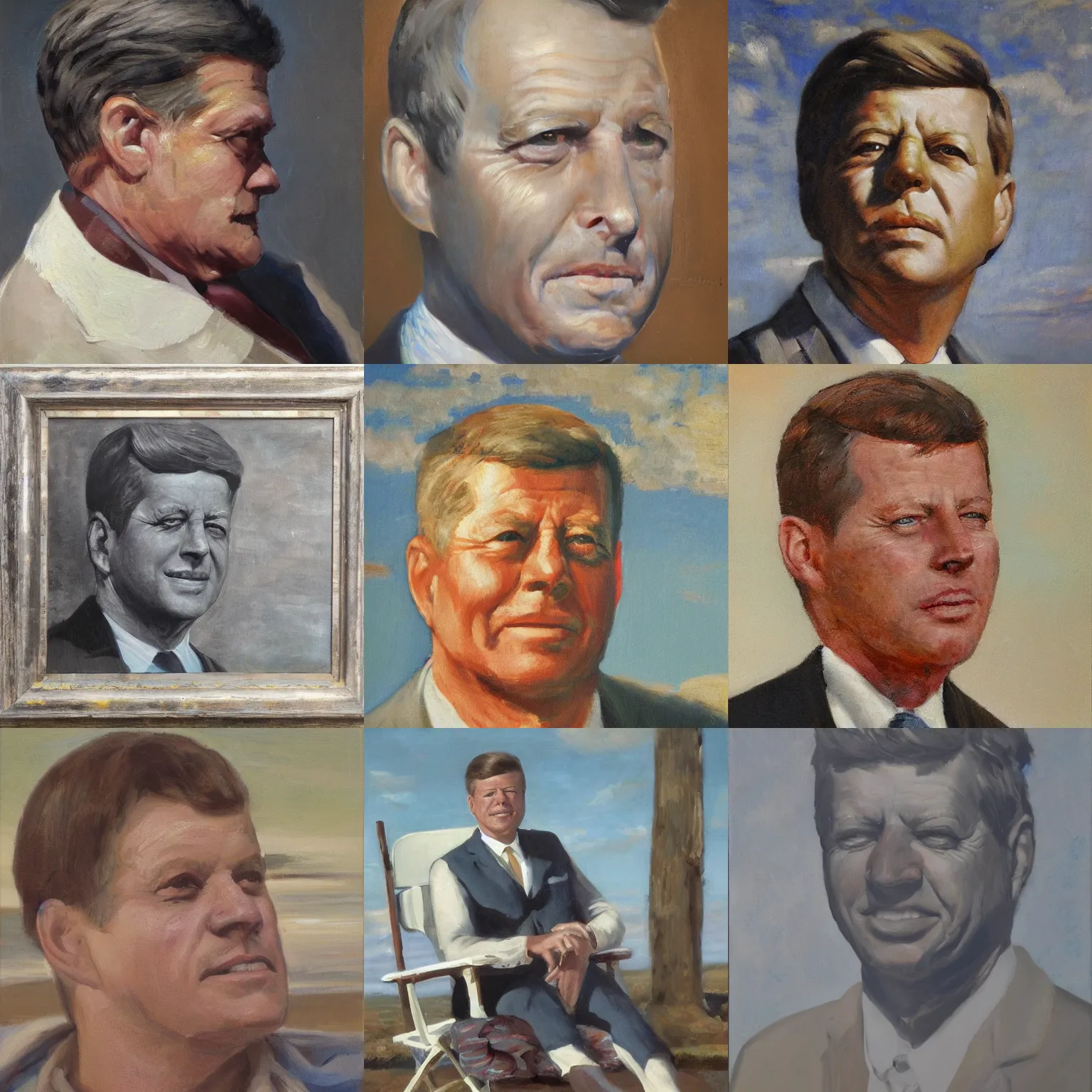 Prompt: facial portrait of john f kennedy, old and retired on the nantucket beach, oil on canvas by william sidney mount - 1 9 8 2, trending on artstation