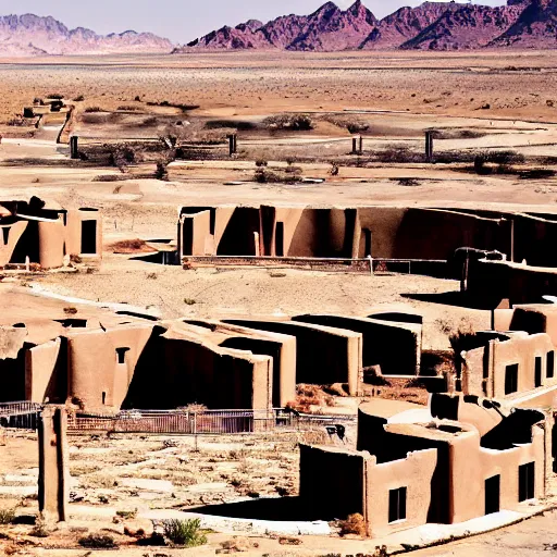 Prompt: desert ruined city open air prison full of wealthy people looking sad