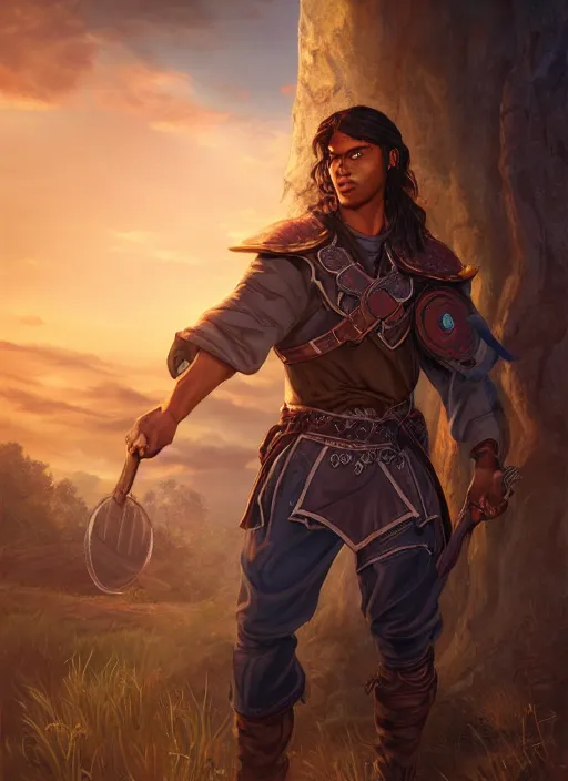 Image similar to An epic fantasy comic book style portrait painting of a young dark skinned long haired boy peasant with intelligent eyes in the style of the wheel of time, unreal 5, DAZ, hyperrealistic, octane render, cosplay, RPG portrait, dynamic lighting