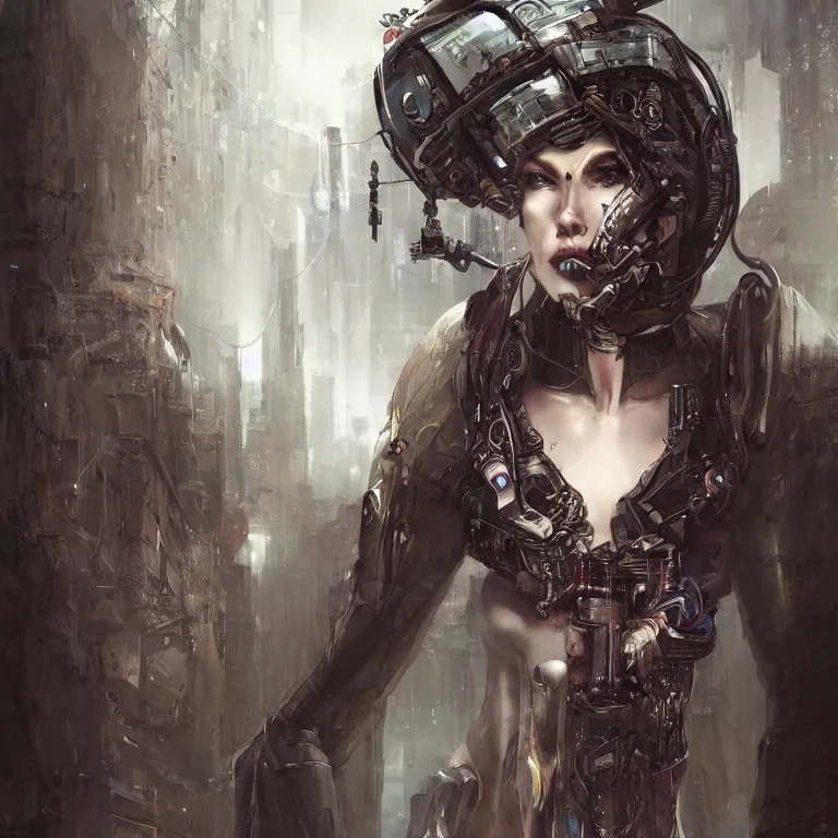 Prompt: cybernetic priestess, cyberpunk, gothic, fantasy, science fiction, character concept art, painting, hyperdetailed, realistic, creepy, atmospheric, cinematic, kinemacolor