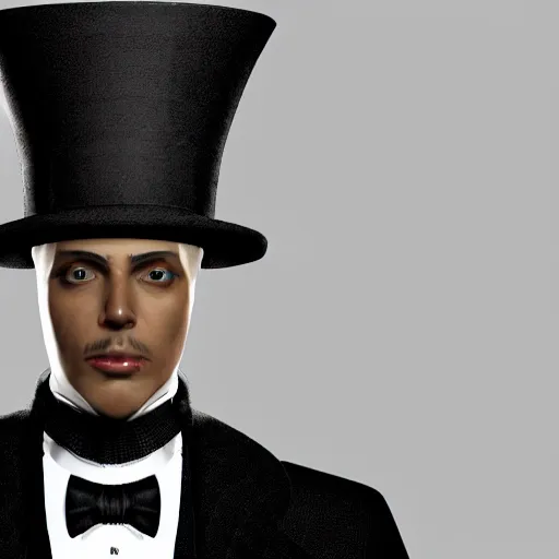 Image similar to a highly detailed portrait of a man in a high top hat covering his face, in a black tailcoat with a yellow waistcoat under the tailcoat, artstation, deviantart, professional, unreal engine 5, photorealistic