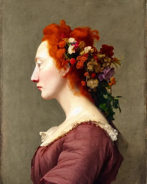 Image similar to a woman's face in profile, redhead, made of flowers, in the style of the Dutch masters, dark and moody