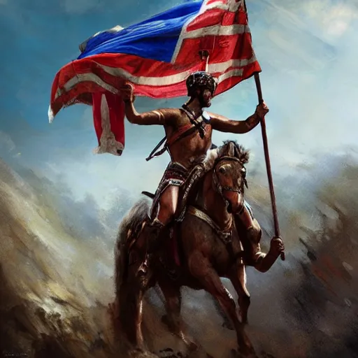 Prompt: gladiator mounted on horseback and carrying the flag of the cross of saint andrew on top of a hill, key art by craig mullins, bloom, dramatic lighting, cinematic, high details