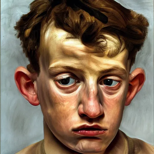 Image similar to high quality high detail painting by lucian freud, hd, portrait of a stressed boy, worried, sad, photorealistic lighting