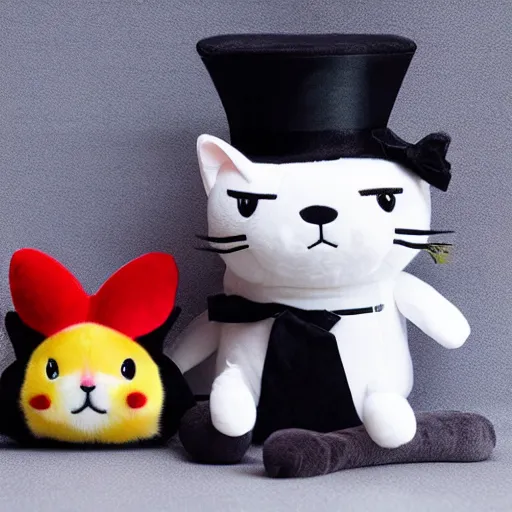 Prompt: a plushie of a cat in a top hat, sanrio toys, famous stuffed animals, ty.com, plush toys, high detail, cute, photograph on a bed uhd 4k, rtx on