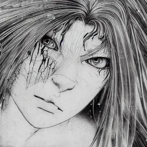 Image similar to Yoshitaka Amano realistic illustration of an anime girl with black eyes, wavy white hair fluttering in the wind and cracks on her face wearing Elden ring armour with engraving, abstract black and white patterns on the background, noisy film grain effect, highly detailed, Renaissance oil painting, weird portrait angle, blurred lost edges, three quarter view