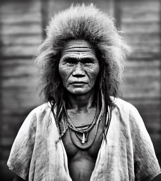 Image similar to Award winning reportage photo of Palau Natives with incredible hair and beautiful hyper-detailed eyes wearing traditional garb by Lee Jeffries, 85mm ND 5, perfect lighting, gelatin silver process