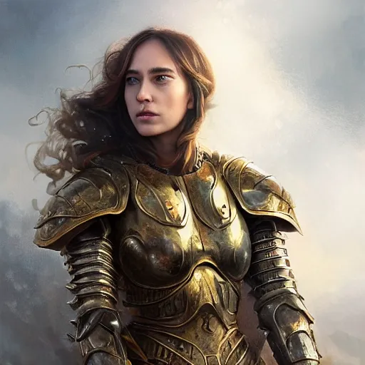 Image similar to attractive aesthetically pleasing young woman portrait, partially clothed in metal-plated battle armor, atmospheric lighting, painted, intricate, volumetric lighting, beautiful, golden hour, sharp focus, ultra detailed, by Leesha Hannigan, Ross Tran, Thierry Doizon, Kai Carpenter,Ignacio Fernández Ríos