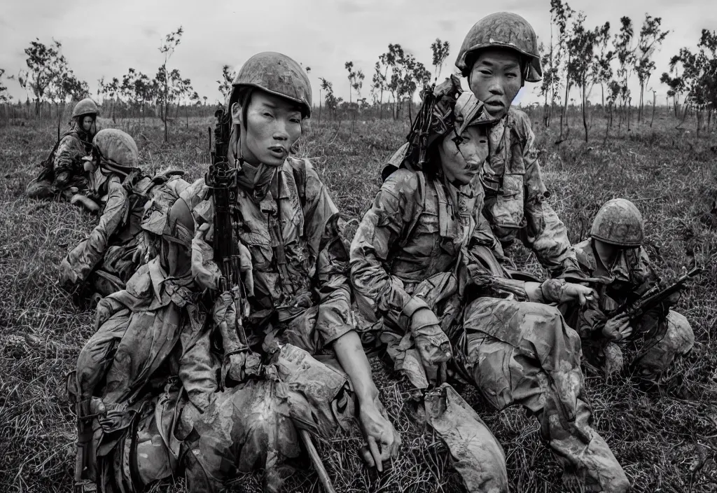 Image similar to fashion editorial in Vietnam war battlefield. wide angle shot. highly detailed.