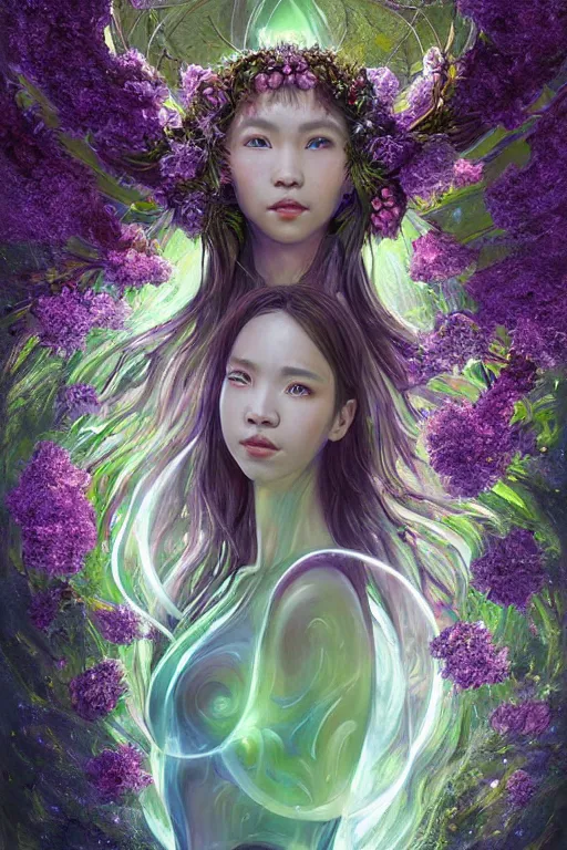 Image similar to portrait of Lalisa Manobal as a Celestial Goddess of a futuristic princess, inside future fighter, sci-fi, fantasy, intricate, lush garden spaceship with sakura season flowers, elegant, human anatomy, royal green and nature light, highly detailed, digital painting, artstation, concept art, smooth, sharp focus, illustration, art by tian zi and WLOP and alphonse mucha