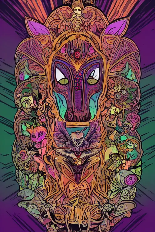 Image similar to animal mask totem roots flower tribal feather gemstone plant wood rock shaman vodoo video game vector cutout illustration vivid multicolor borderlands comics by josan gonzales and dan mumford radiating a glowing aura